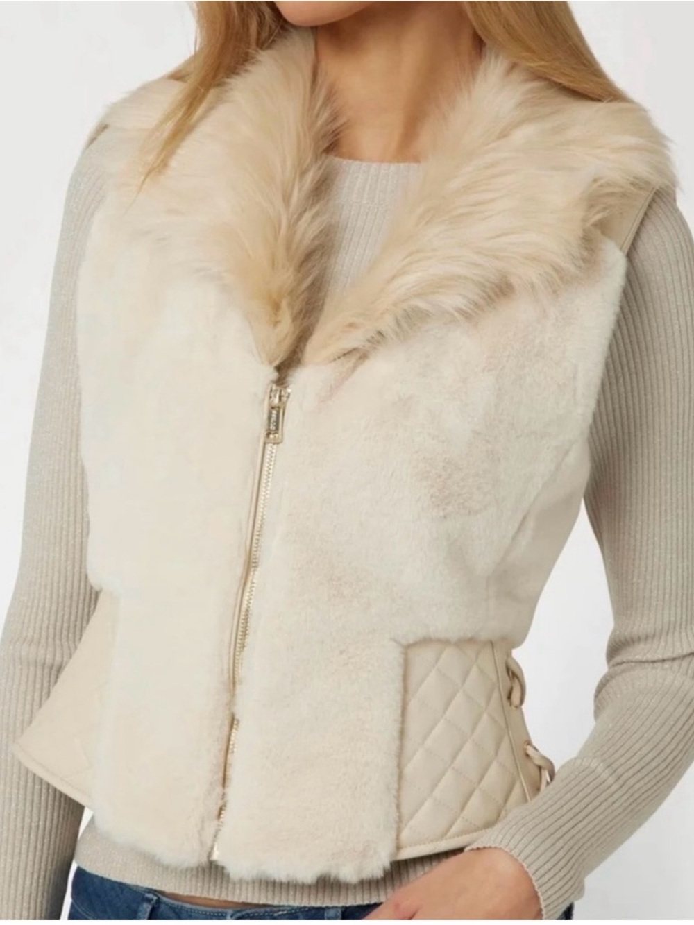 Guess Faux Fur Trim Quilted Waist Vest